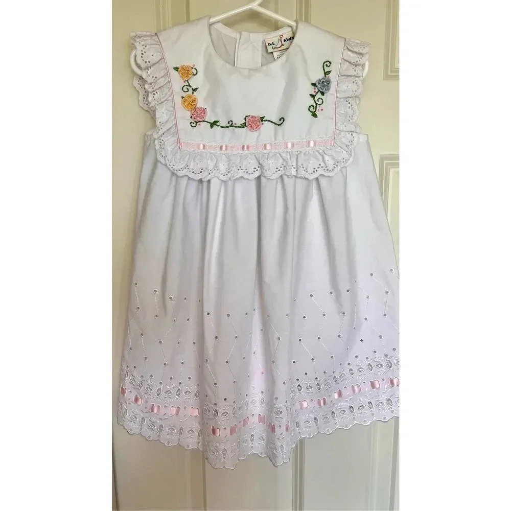 Vintage B.T. Kids Girls Size 3T White Ruffled Lace Casual Midi Dress 2 Piece Set